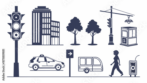 Urban Cityscape Icons Set Traffic Lights Buildings Trees Taxi Pedestrian for Web Design Infographics Presentation