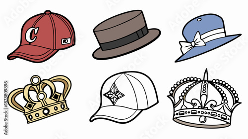 Headwear Collection Icons Baseball Caps Fedora Hats Royal Crowns for Fashion Design Web Graphics