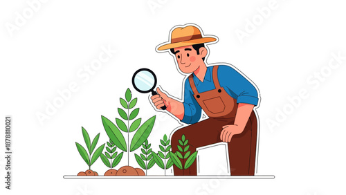 Farmer examining plants with a magnifying glass