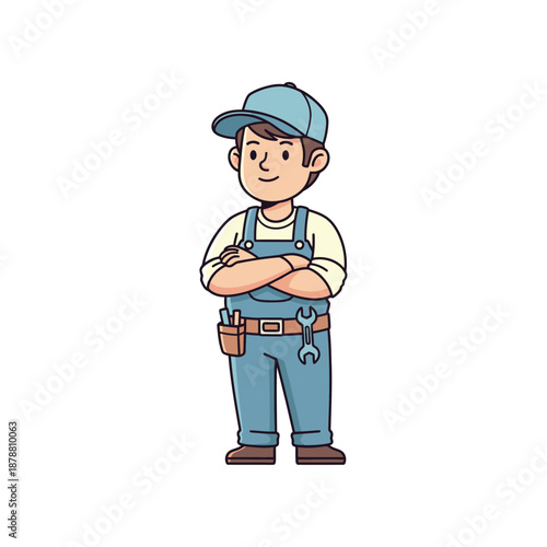 An illustration of a smiling worker standing with arms crossed wearing overalls.