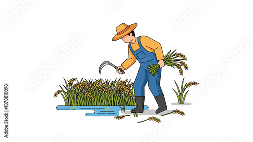 Farmer harvesting rice with a sickle in a field