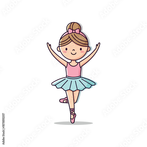 A young girl wearing a pink top and blue skirt dances ballet on stage.