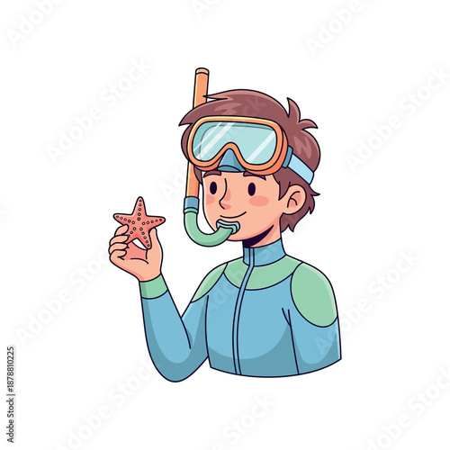 A scuba diver holds a starfish while wearing diving gear.