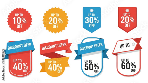 Various discount offer stickers with percentage off labels displayed prominently