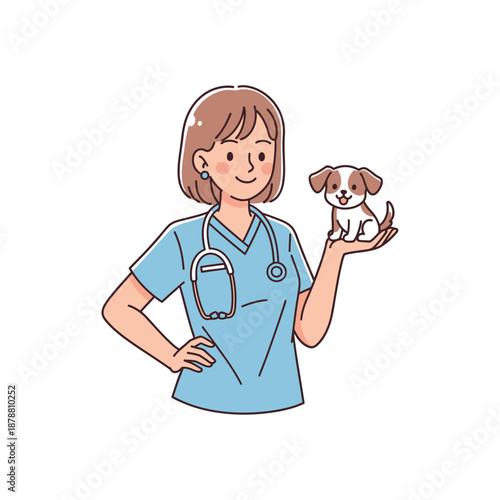 A smiling female veterinarian in blue scrubs holds a cute brown and white puppy.