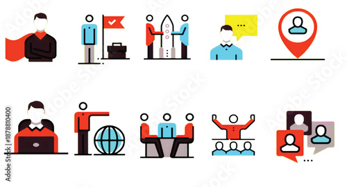 People collaborating and communicating in a business setting with various icons and graphics