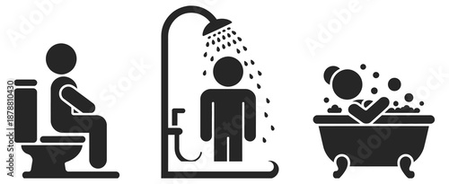 Bathroom Human Figures black silhouette icons depicting essential activities like toilet use and showering, minimal hygiene symbols on white background.
