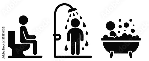 Bathroom Human Figures black silhouette icons depicting essential activities like toilet use and showering, minimal hygiene symbols on white background.