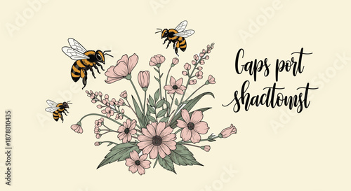 Charming illustration of honeybees flying around a delicate bouquet of pink wildflowers on a light background.