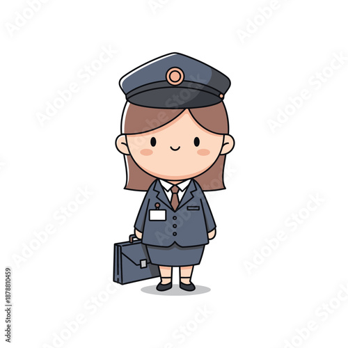 A smiling female flight attendant in uniform holds a briefcase.