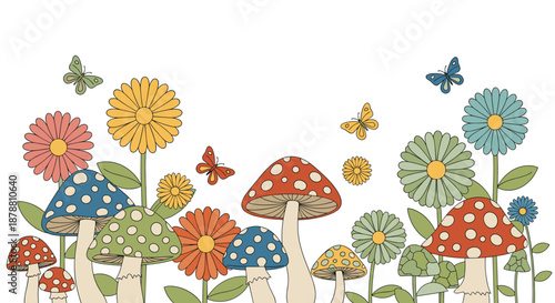 Whimsical nature illustration features colorful polka-dot mushrooms, various flowers, and butterflies on a white background.