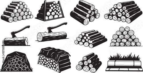 Wood Logs and Firewood Stacks in Various Configurations Illustration