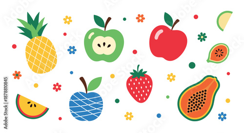 Collection of flat design fruit icons includes a pineapple, apple, strawberry, and papaya surrounded by colorful floral accents.