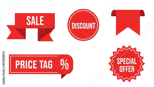 Collection of red promotional icons and labels for discounts and special offers on a product