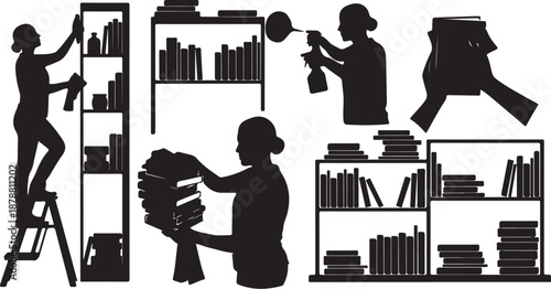 Silhouettes of people organizing books on shelves with ladders