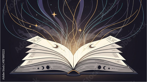 An open book with magical illustrations and glowing lines on a dark background