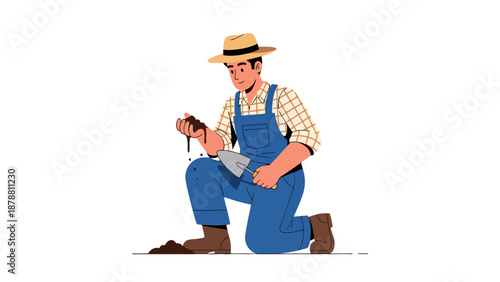 Farmer kneeling with soil and trowel