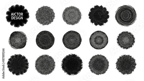 Collection of various black and gray circular designs on white background viewed from directly above