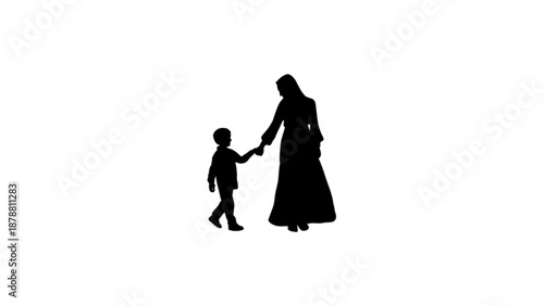 A heartwarming black and white vector silhouette of a mother and her young son walking together while holding hands.