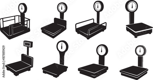 Various types of scales and balances illustrated in black