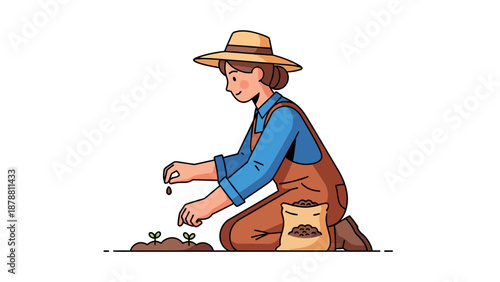 Farmer planting seeds in soil near a bag of seeds