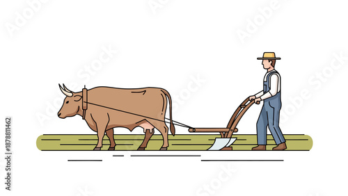 Farmer plowing with a cow and wooden plow in a field