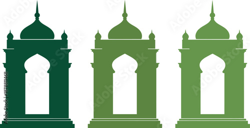 Three green mosque archway silhouettes in various shades