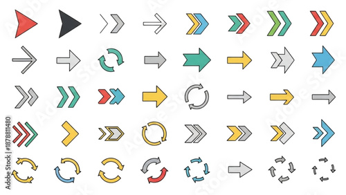 Collection of diverse arrows and directional symbols in various colors and styles on a clean background viewed from a straightforward perspective.