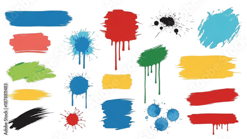 Vibrant Paint Splatters and Brush Strokes on a White Background from a Direct Viewpoint
