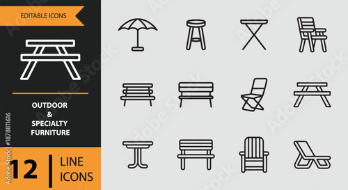 A diverse collection of editable line icons featuring various outdoor and specialty furniture