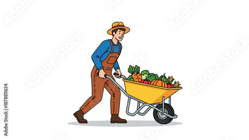 Farmer pushes a wheelbarrow full of vegetables