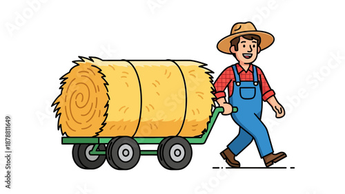 Farmer pushing a cart with a hay bale