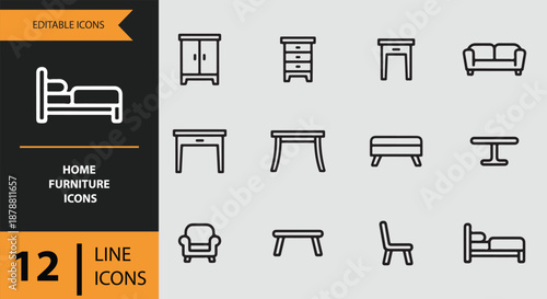 A set of 12 editable line icons representing various essential home furniture items