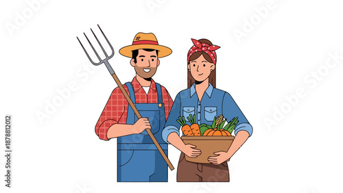 Farmers with pitchfork and basket of vegetables