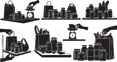 Black and white kitchen utensil and appliance illustrations set