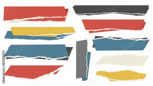 Abstract colorful illustration fragments arranged in a dynamic composition on a clean white backdrop viewed from directly above