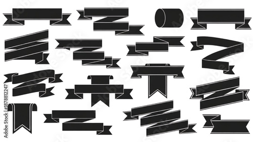 Collection of various black banners and ribbons in different shapes and styles displayed together
