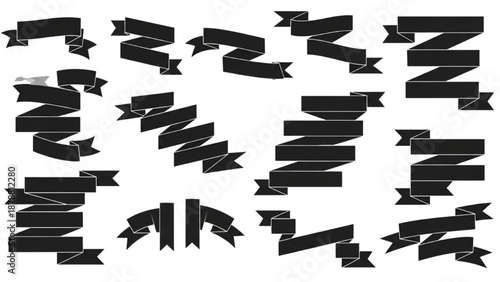 Collection of assorted black ribbons and banners arranged in a grid pattern
