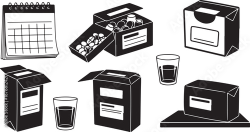 Black and white illustration of milk carton and calendar