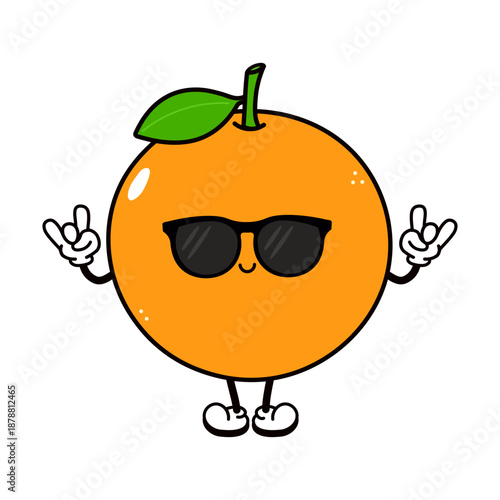 Orange fruit character showing rock on sign wearing sunglasses