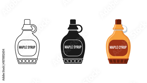 Three maple syrup bottles in different styles outline black and colored on white background with varying