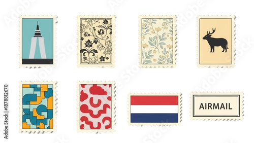 Assorted postage stamps with unique designs and patterns on a white background viewed from directly above