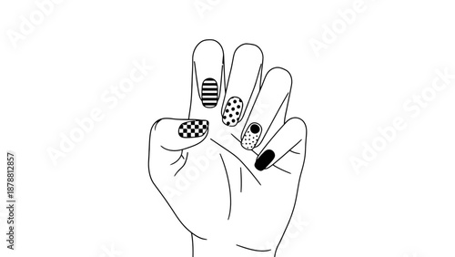 Fingers with patterned nail art on white background
