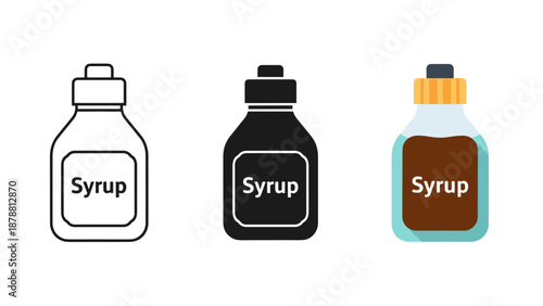 Three syrup bottles with different designs and colors white black and brown on a clean white background