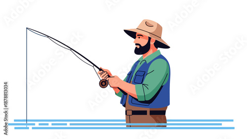 Fisherman casting a line in blue water