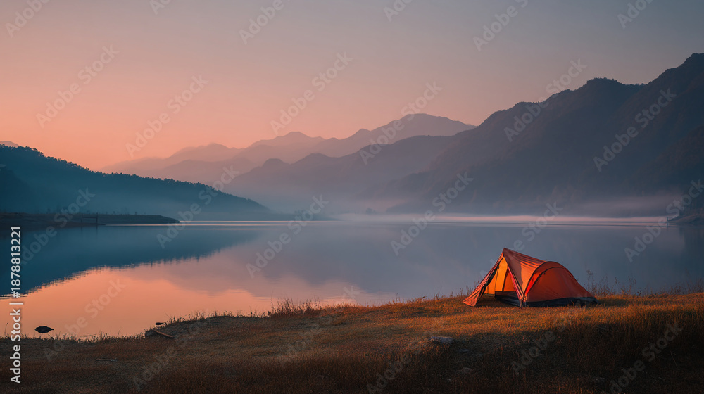 Fototapeta premium Orange camping tent by a calm lake with mountains in the background