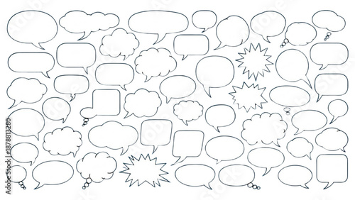 Collection of various speech bubbles and thought clouds in a chaotic arrangement
