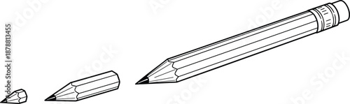 Broken pencil stages illustration, sharpened wooden pencil with snapped tip outline drawing, education creativity concept sketch for design projects