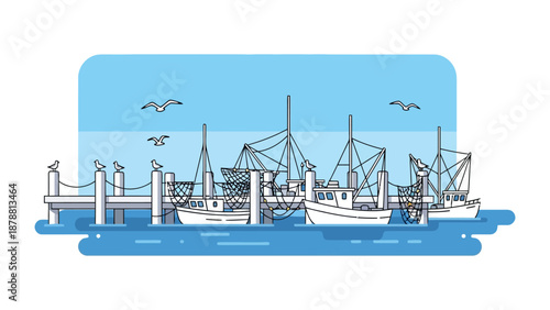 Fishing boats docked at a pier under a bright blue sky