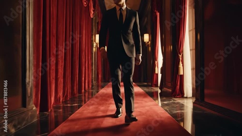 Man in Suit Walking on Red Carpet.